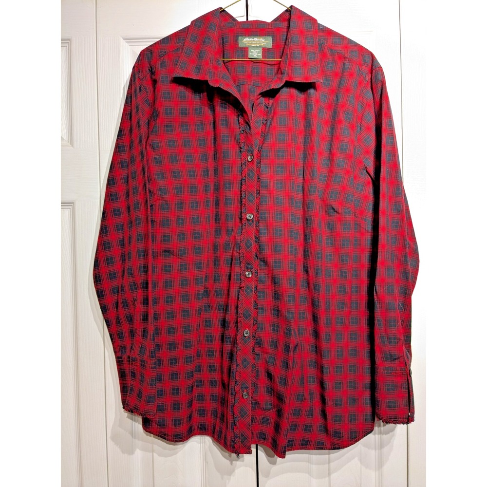 Eddie Bauer Red Black Buffalo Check Womens 2XL Cotton Ruffle Front Button Up Top